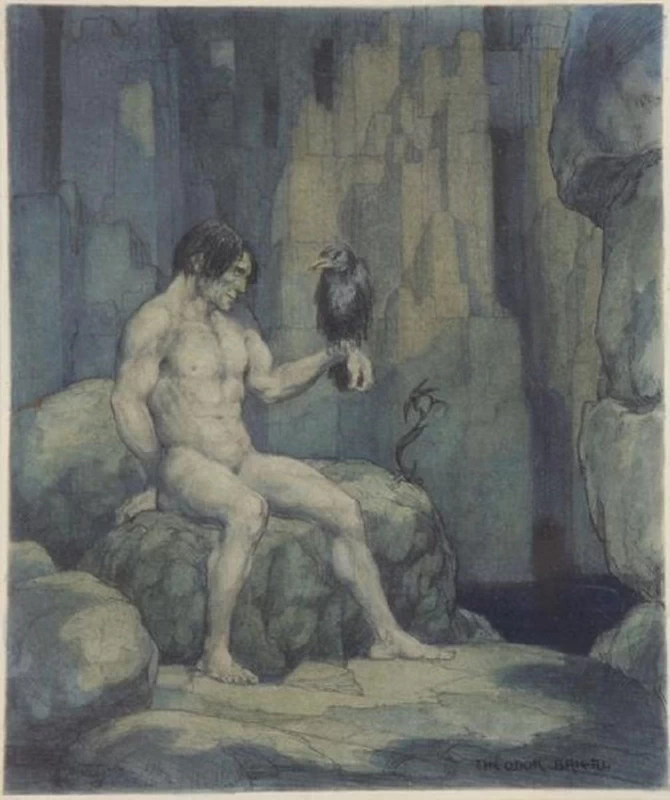 Uomo con corvo in una grotta